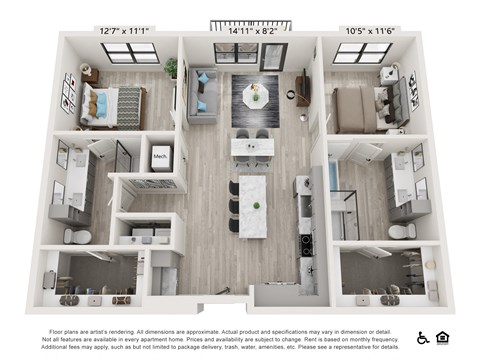 Floor plan for 2 beds, 2 baths, 1188 sqft